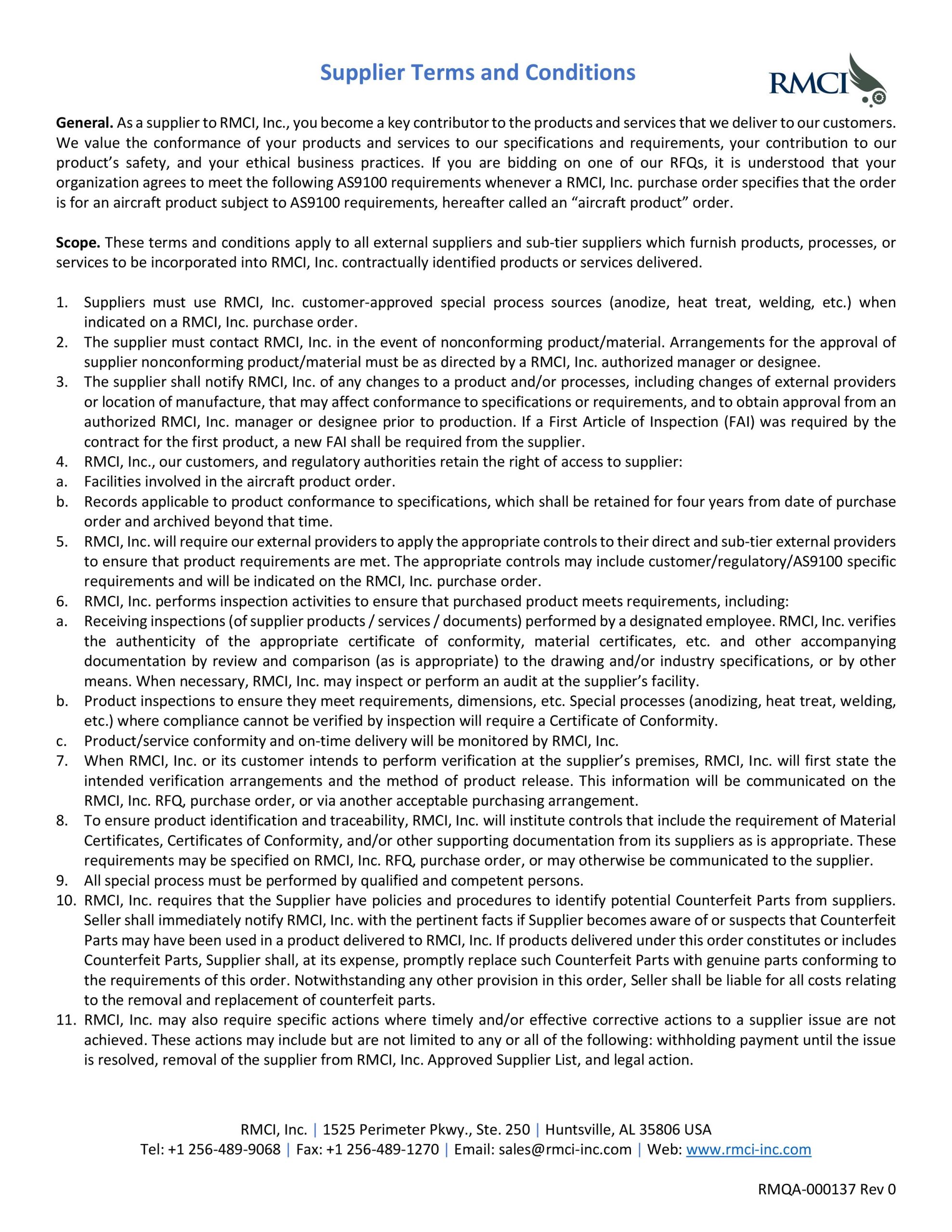 RMCI Supplier Terms and Conditions